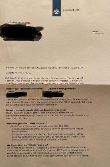 Brief Belastingdienst nieuw BTW nummer