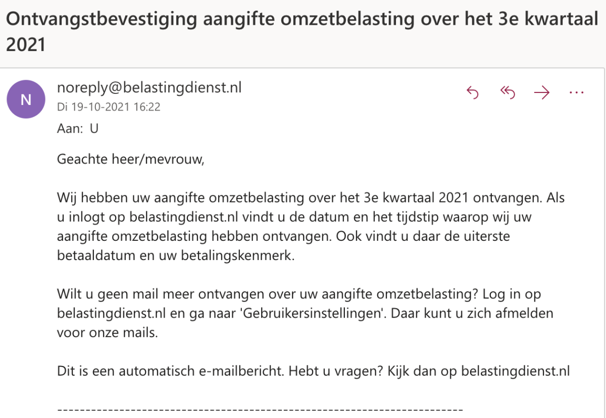 Bevestiging omzetbelasting mail Belastingdienst Bevestiging omzetbelasting mail Belastingdienst screenshot