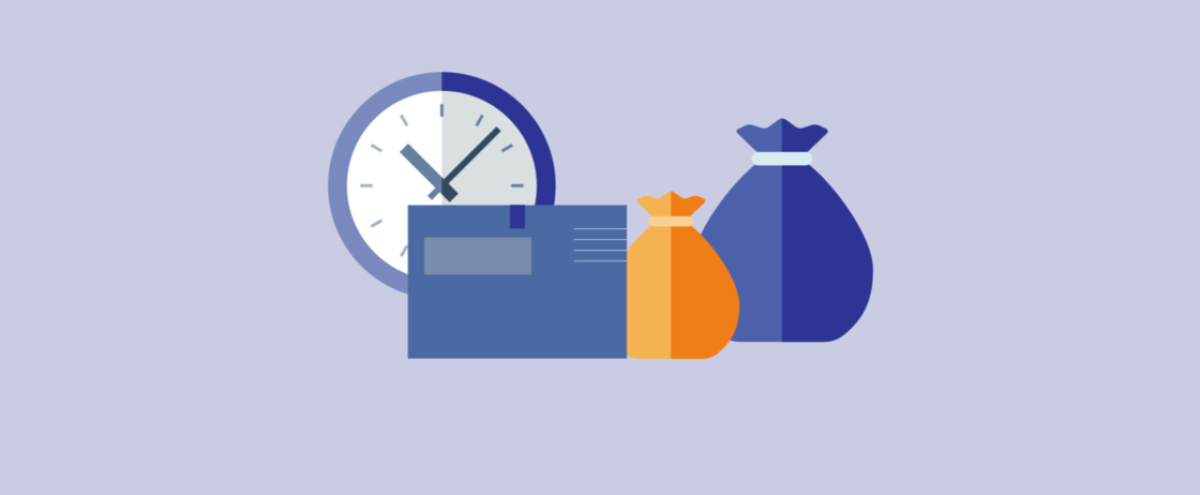 getekende weergave van een envelop van de Belastingdienst en twee geldzakjes die voor een klok staan gepositioneerd