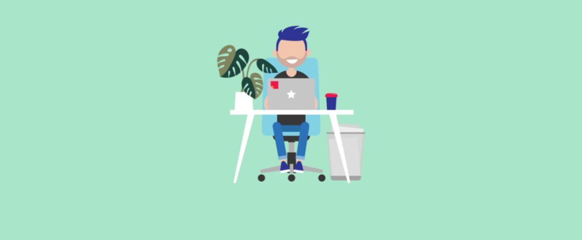 Getekende afbeelding van een vrolijke jongeman die achter zijn bureau zit waarop een laptop staat