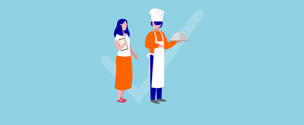 Getekende afbeelding van een kok en een vrouw met een administratie-document onder haar arm. Op de achtergrond staat een grote 'V' weergegeven.