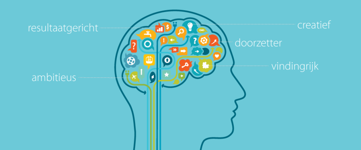 Getekende afbeelding van het menselijk brein, met daarnaast vijf woorden: 'resultaatgericht', 'ambitieus', 'doorzetter', 'creatief', 'vindingrijk'.