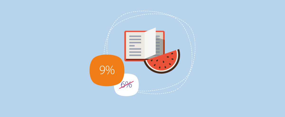 Geteknde afbeelding van een stuk watermeloen, een notitieboek en een percentage dat is gewijzigd van 6% naar 9%