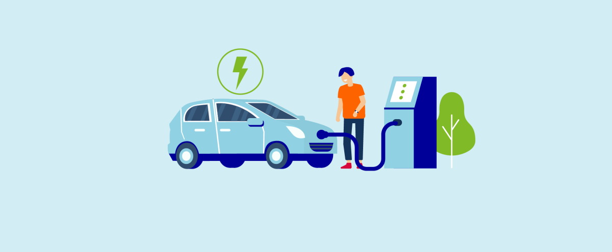 Getekende afbeelding van een mannelijk figuur die zijn auto elektrisch oplaadt