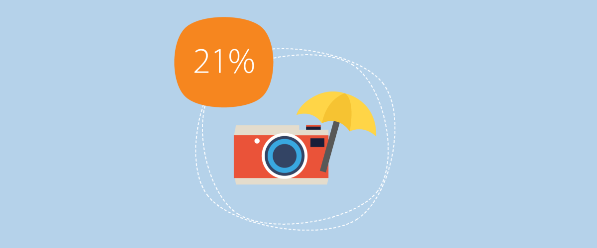 getekende afbeelding van een fotocamera waarbij '21%' vermeld staat 