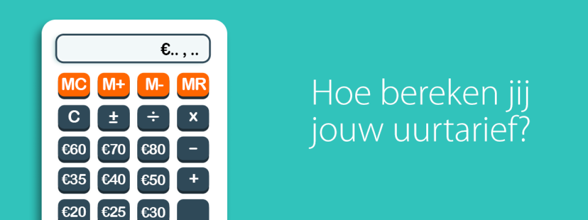 Getekende afbeelding van een calculator waar de tekst 'Hoe bereken jij je uurtarief?' naast staat