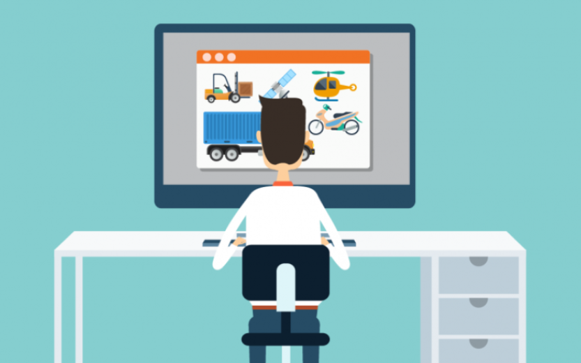 Getekende weergave van een man die achter een groot computerscherm afbeeldingen bekijkt van bedrijfshulpmiddelen