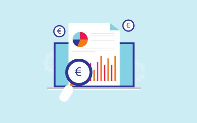 getekende weergave van onder andere een euro, een diagram, een loep en verschillende grafieken op een kleurrijke achtergrond