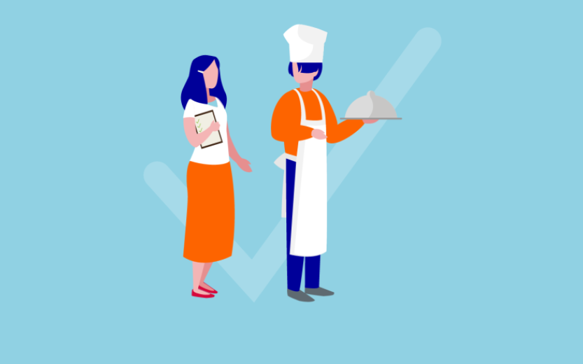 Getekende afbeelding van een kok en een vrouw met een administratie-document onder haar arm. Op de achtergrond staat een grote 'V' weergegeven.