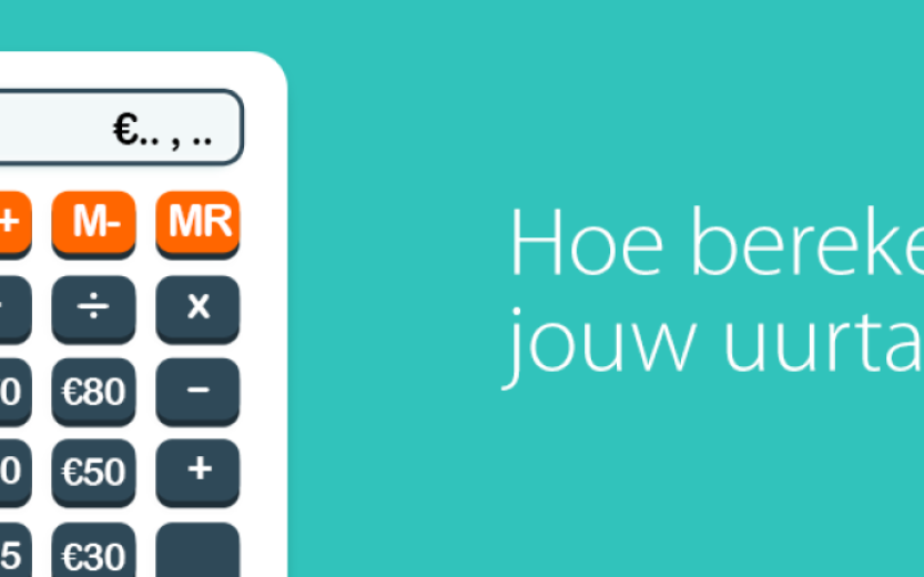 Getekende afbeelding van een calculator waar de tekst 'Hoe bereken jij je uurtarief?' naast staat