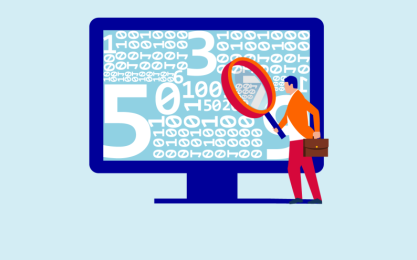 getekende afbeelding van een computerscherm waarop getallen staan en waarvoor een mannetje met een loep staat