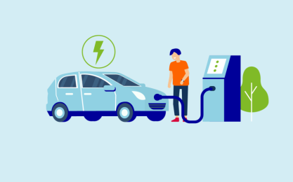 Getekende afbeelding van een mannelijk figuur die zijn auto elektrisch oplaadt