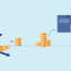 Getekende afbeelding van stapeltjes muntgeld die van positie verwisselen en op de achtergrond een blauwe envelop van de belastingdienst