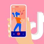 getekende weergave van een smartphone waarop een dame danst. Op de achtergrond astaat het logo van TikTok afgebeeld.