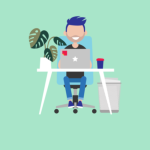 Getekende afbeelding van een vrolijke jongeman die achter zijn bureau zit waarop een laptop staat
