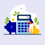 getekende afbeelding van o.a. een calculator, een spaarvarken en wat andere attributen