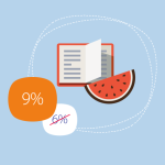 Geteknde afbeelding van een stuk watermeloen, een notitieboek en een percentage dat is gewijzigd van 6% naar 9%