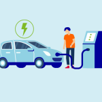 Getekende afbeelding van een mannelijk figuur die zijn auto elektrisch oplaadt