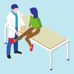 Getekende afbeelding van een dokter die een vrouw onderzoekt die op een ziekenhuisbed zit.